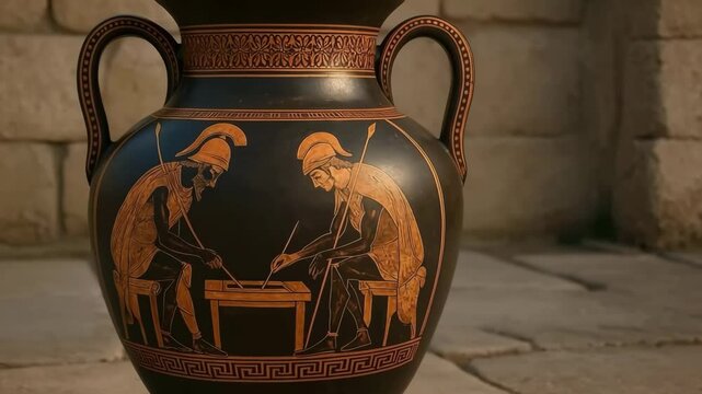 Rotating close-up of red-figure Greek amphora with warriors playing game