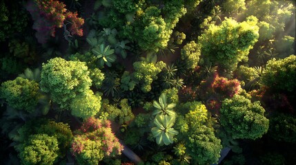 太陽に照らされる色鮮やかな熱帯雨林