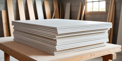 Stack of laminated MDF boards placed on a wooden workbench inside a sunlit carpentry workshop, with vertical wooden planks leaned against the wall in the background

