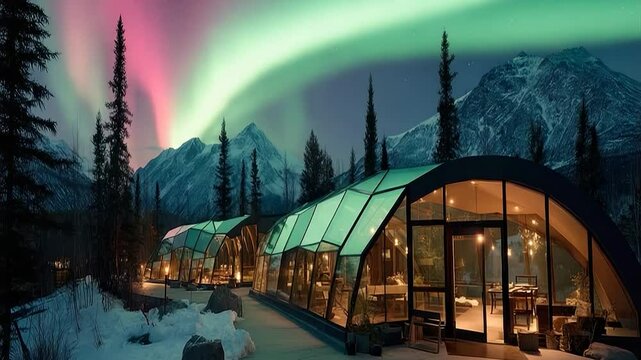 Aurora borealis above glass igloos
