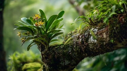 Obraz premium 苔の木に咲く野生のランの美しさ