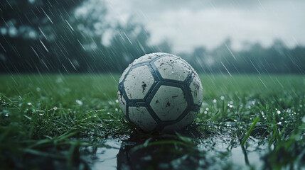 Close-up of a weathered soccer ball on wet grass du rainy day with dark cloudy sky and falling rain droplets in a sports field environment
