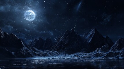 Obraz premium Majestic Night Landscape Serene Moonlit Mountains Starry Sky Dark Blue Water Tranquil Peaceful Scene Digital Art Fantasy Nature Background Image Perfect for Design Projects and 