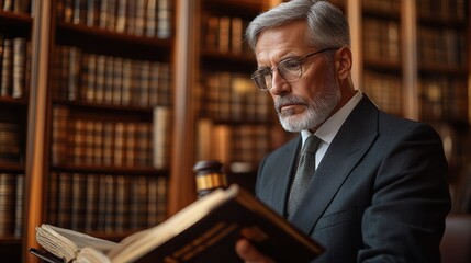 Mature man with glasses reads in a dark, wooden library