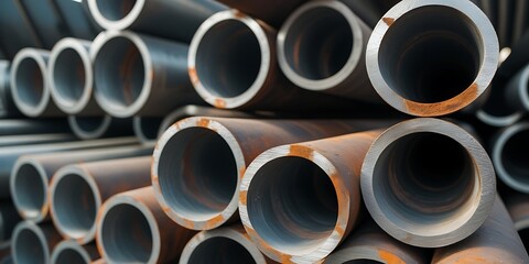 Close-up view of organized metal tubes with rust patterns, highlighting heavy industry materials used in engineering, plumbing, and fabrication infrastructure


