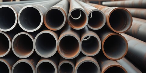 Close-up view of organized metal tubes with rust patterns, highlighting heavy industry materials used in engineering, plumbing, and fabrication infrastructure


