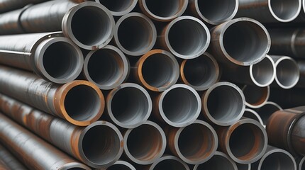 Close-up view of organized metal tubes with rust patterns, highlighting heavy industry materials used in engineering, plumbing, and fabrication infrastructure


