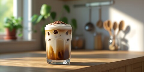 Delicious iced coffee with whipped cream and chocolate topping served in a cozy sunlit kitchen, showcasing a refreshing and aesthetic drink perfect for relaxation

