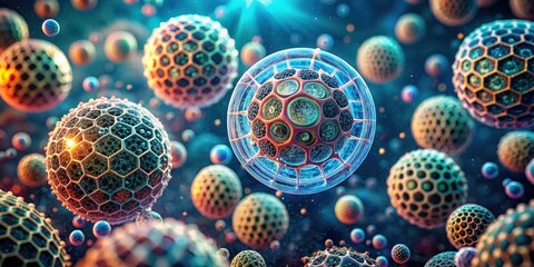 Tiny cellular structures with reflective surfaces appear as intricate patterns in a microscopic world, chemical compounds, scientific concepts