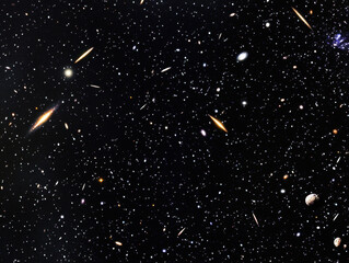 Fototapeta premium Wide field view of deep space showcasing numerous galaxies, stars, nebulae, cosmic dust, and distant celestial bodies in a stunning astronomical scene