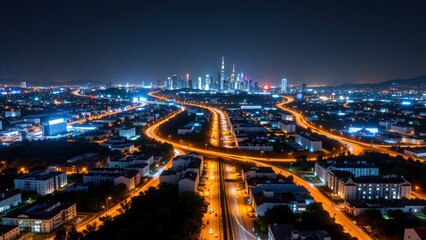 Fototapeta premium Nighttime urban landscape city skyline aerial view dynamic lighting photography modern city vibrant city life