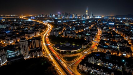 Fototapeta premium Nighttime urban landscapes city skyline and traffic trails vibrant cityscape night environment aerial view modern urban concept