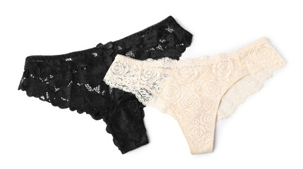 Beautiful lace panties isolated on white, top view