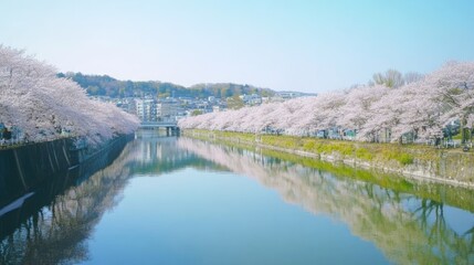 A breathtaking row of cherry trees in full bloom lining the Funakawa River, reflecting in the calm waters under a clear blue sky.