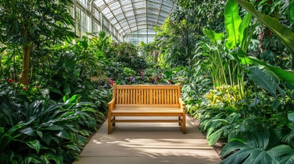 Fototapeta premium A classic wooden bench under a towering tree in the Royal Botanic Gardens, London, surrounded by vibrant greenery.