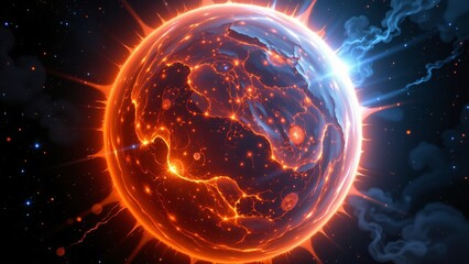 Obraz premium Explosive cosmic collision of fiery planet outer space digital artwork imaginative environment close-up perspective universe concept for seo impact