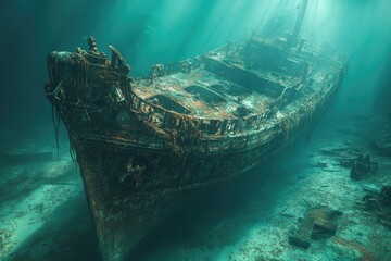 Sunbeams illuminate an ancient, moss-covered shipwreck resting on the ocean floor, a haunting underwater scene.