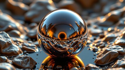 Dynamic reflection of a sphere on textured stones nature scene digital art close-up perspective abstract concept with vibrant colors