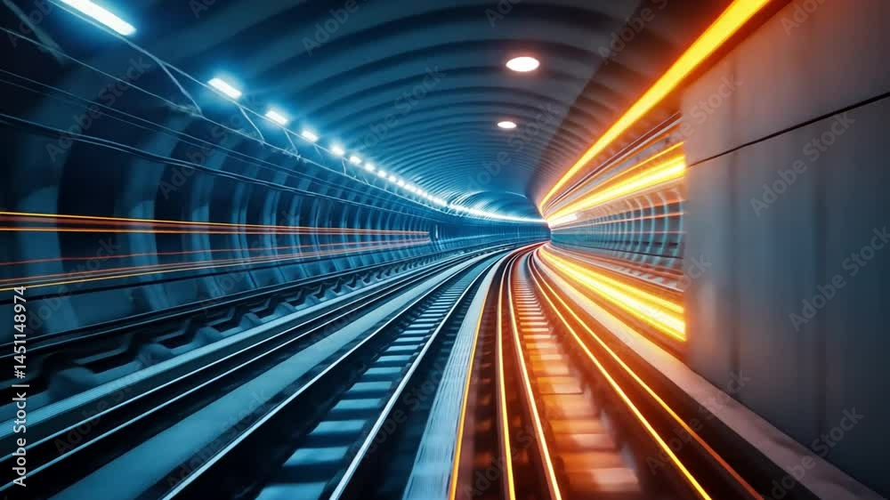 Poster dynamic subway tunnel illuminated tracks and light trails in motion, showcasing urban speed and infr