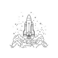 Fototapeta premium Rocket Launching with Clouds and Stars on Transparent Background Linear Style