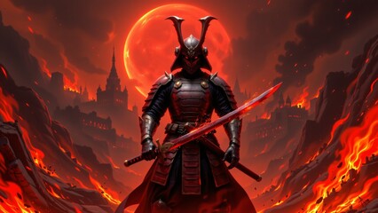 Epic battle of the samurai warrior fiery landscape digital art dark fantasy dramatic angle power and honor concept for seo impact
