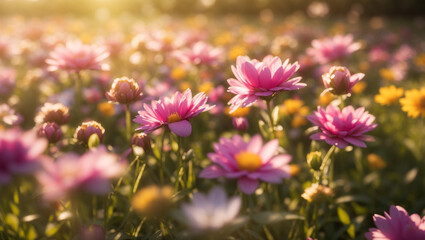 Obraz premium A sunlit field displays an array of pink and yellow daisies in bloom. The image, likely for Adobe Stock, is vibrant and evokes a sense of warmth.