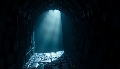 Stone Tunnel Interior with Ethereal Blue Light Illuminating the Entrance Architecture Design