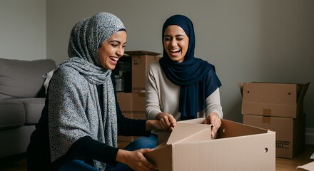 Two Happy Women Unpacking Boxes in Their New Home