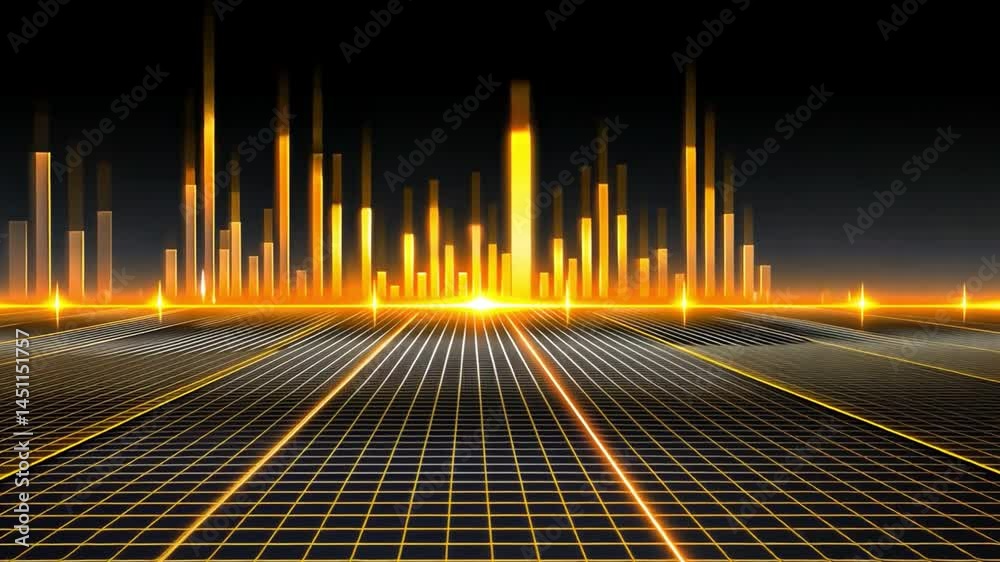 Poster digital sound wave visualization with golden bars on dark background, featuring grid pattern that en
