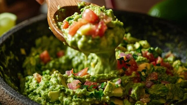 Freshly made guacamole in a dark bowl.  A wooden spoon scoops up the vibrant mixture of mashed avocado, diced tomatoes, red onion, and cilantro