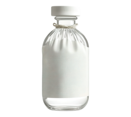 A clear bottle with a white label and a white string tied around it