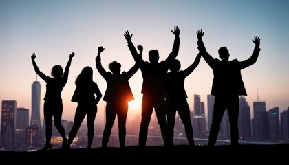 Fototapeta premium Silhouetted Group Celebrates Success Against a Stunning Cityscape at Twilight, Illustrating Teamwork and Achievement