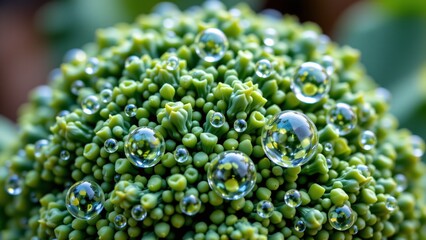 Refreshing broccoli splash garden close-up photography natural setting detailed perspective nature's hydration and vitality