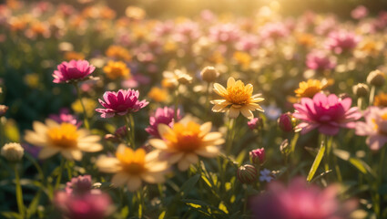 A sunlit field displays an array of pink and yellow daisies in bloom. The image, likely for Adobe Stock, is vibrant and evokes a sense of warmth.