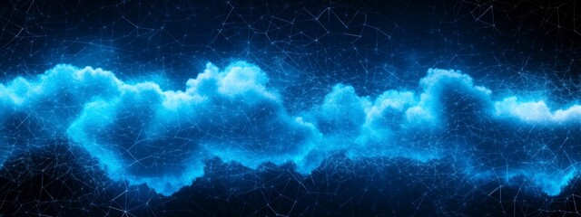 A mesmerizing digital visualization of glowing blue clouds amidst a dark, starry backdrop, conveying a sense of ethereal beauty and cosmic wonder