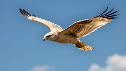 Obraz premium Majestic flying hawk displays impressive aerial skills over open blue sky wildlife photography nature environment captured in stunning detail