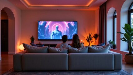 Fototapeta premium Movie night experience cozy living room digital media modern environment intimate viewpoint technology and entertainment concept