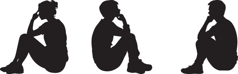 Silhouette of People Sitting and Thinking in Various Poses Concept of Reflection and Contemplation