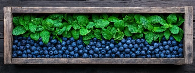 Vibrant wooden tray filled with fresh blueberries and mint leaves, showcasing natural colors and textures for culinary exploration