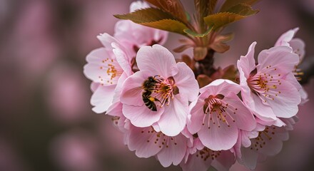 Fototapeta premium Cherry Blossoms with Bee: Spring's Sweet Nectar