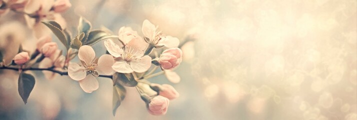 delicate cherry blossom branch, soft pink white flowers, petals gently illuminated by natural sunlight, blurred background with bokeh effect, pastel colored floral background, banner with copy space.