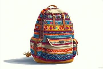A colorful backpack with bohemian patterns, against a white background