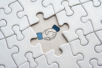 Fototapeta premium Puzzle of Partnerships: An emblem of unity and agreement, a handshaking jigsaw piece, sits in the center of the puzzles' final place. A symbol of successful connection.