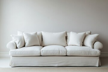 A cream linen sofa with five cushions, offering a relaxed and comfortable seating experience.