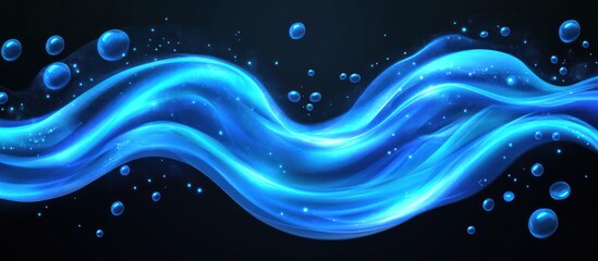 Radiant blue abstract wave with ethereal bubbles and glittering particles