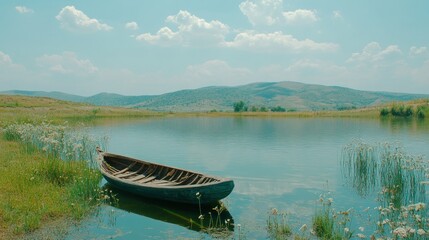 Obraz premium Rustic boat on tranquil lake, hills in background