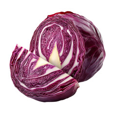 Fototapeta premium Red cabbage, cut in half, showing the inner layers. One wedge is separated from the main head, highlighting the vibrant purple hues and intricate leaf structure.