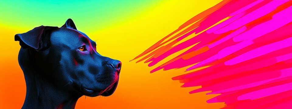 A close-up of a magnificent black dog set against a vibrant gradient background, showcasing artistic color splashes and a serene expression.