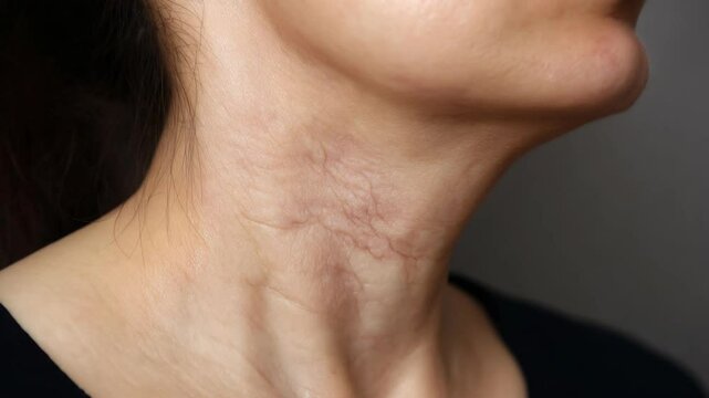 Close-up of mature woman's neck revealing prominent neck veins, visible wrinkles, and slight skin imperfections, showcasing aging process.