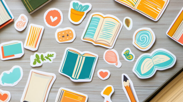 Collection of colorful illustrated stickers featu open books, notes, hearts, plants, and stationery items perfect for educational and creative projects